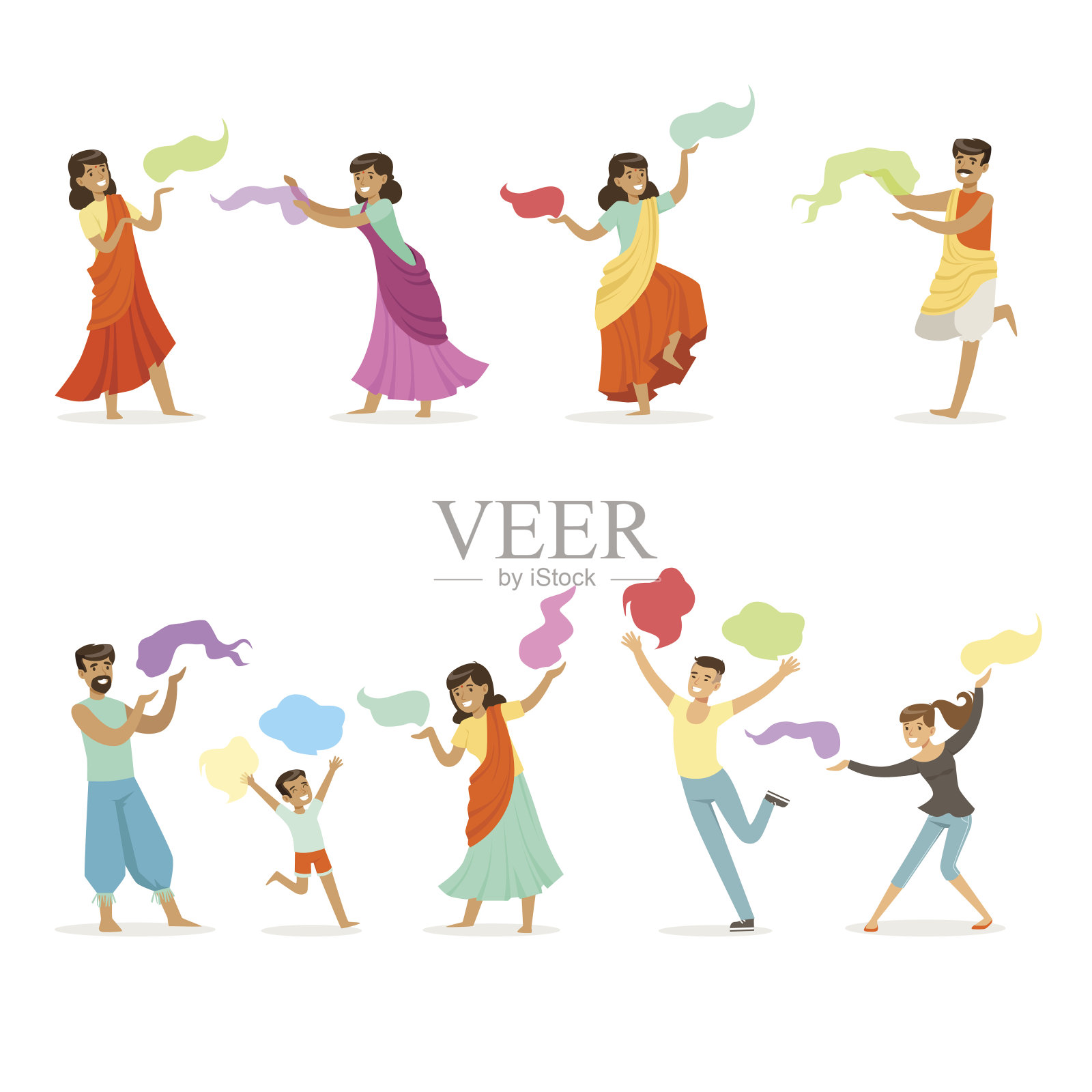 微笑的人们在国家印度服装跳舞为标签设计。印度舞蹈，亚洲文化，卡通详细多彩的插图插画图片素材