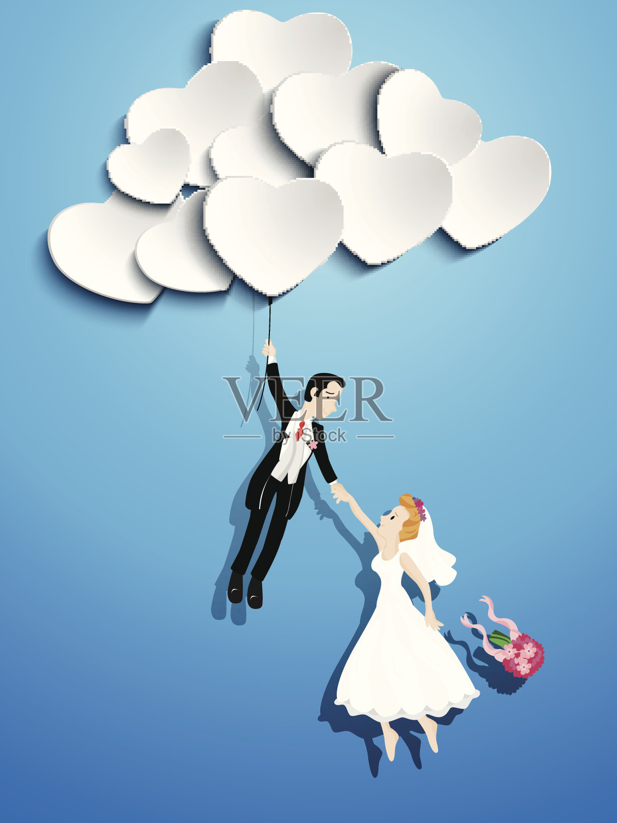 一对新婚夫妇用一个心形的气球飞行插画图片素材