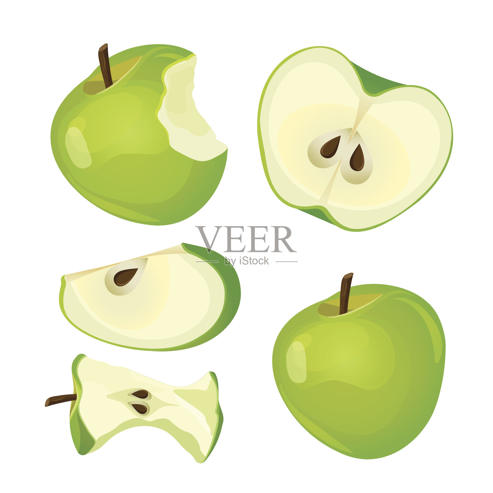 被咬的苹果，整个，一半和切片孤立在白色背景上插画图片素材
