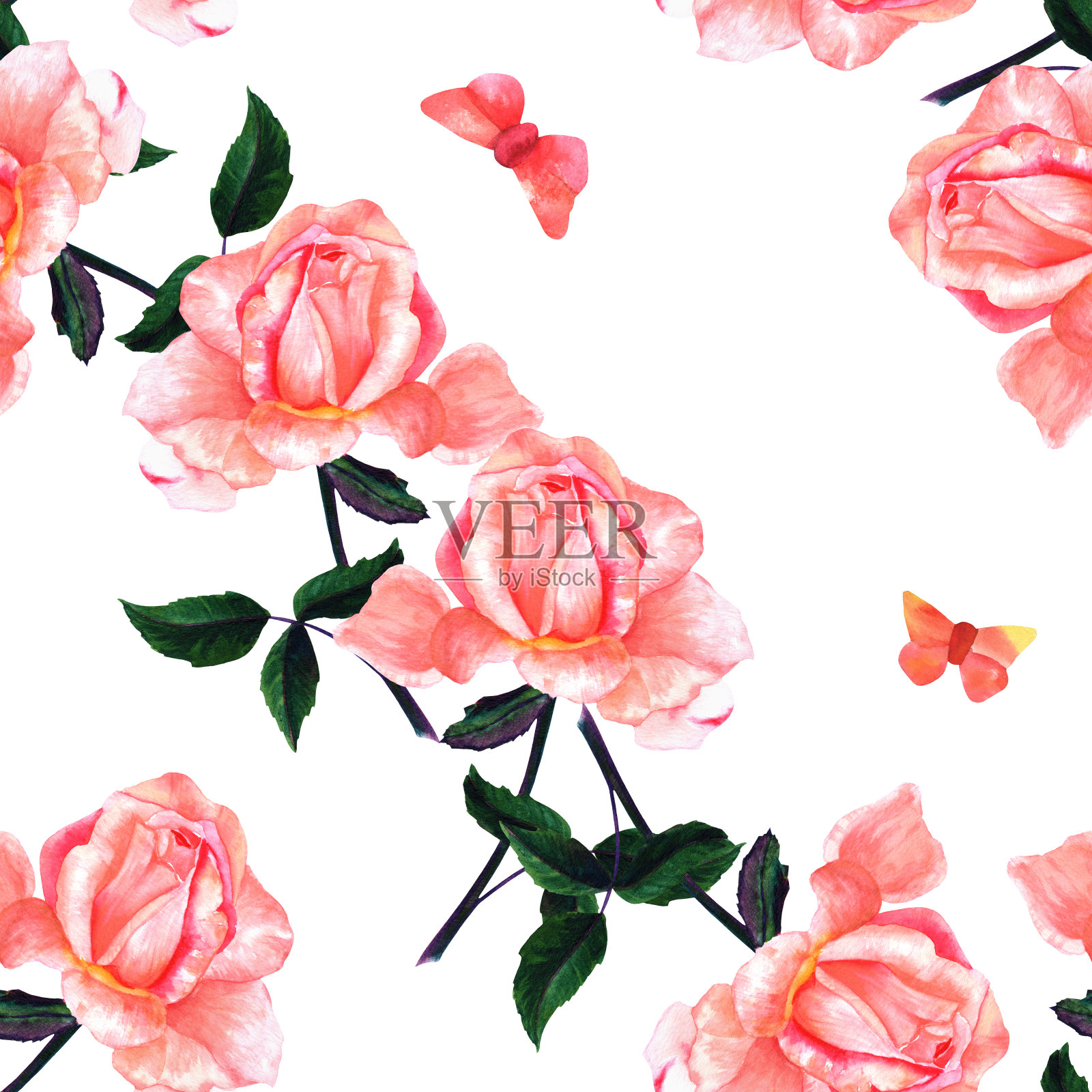 无缝图案与水彩玫瑰和蝴蝶在白色插画图片素材