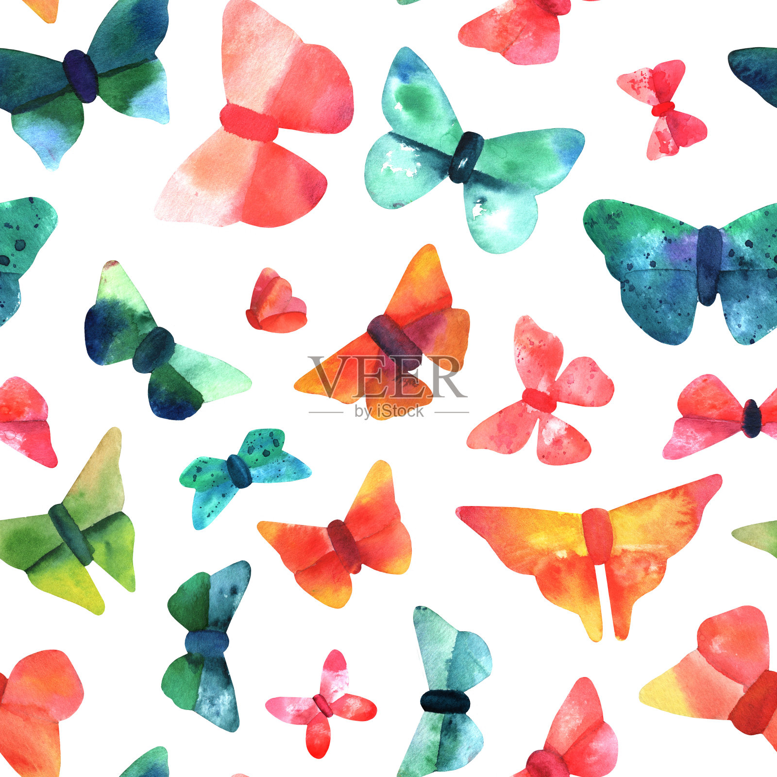 无缝模式与水彩蝴蝶在白色的背景插画图片素材