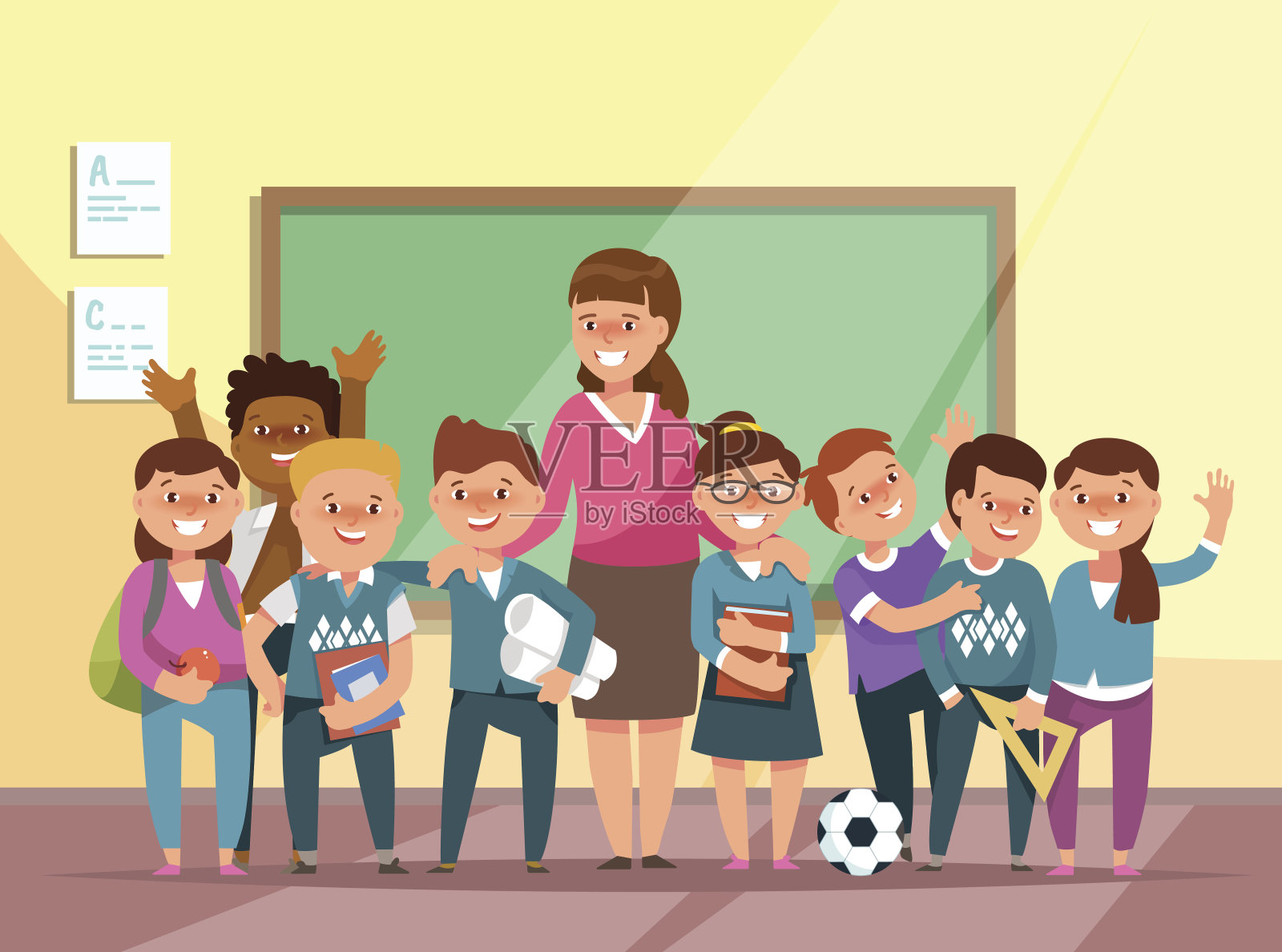 小组小学的男孩、女孩和老师在教室里插画图片素材