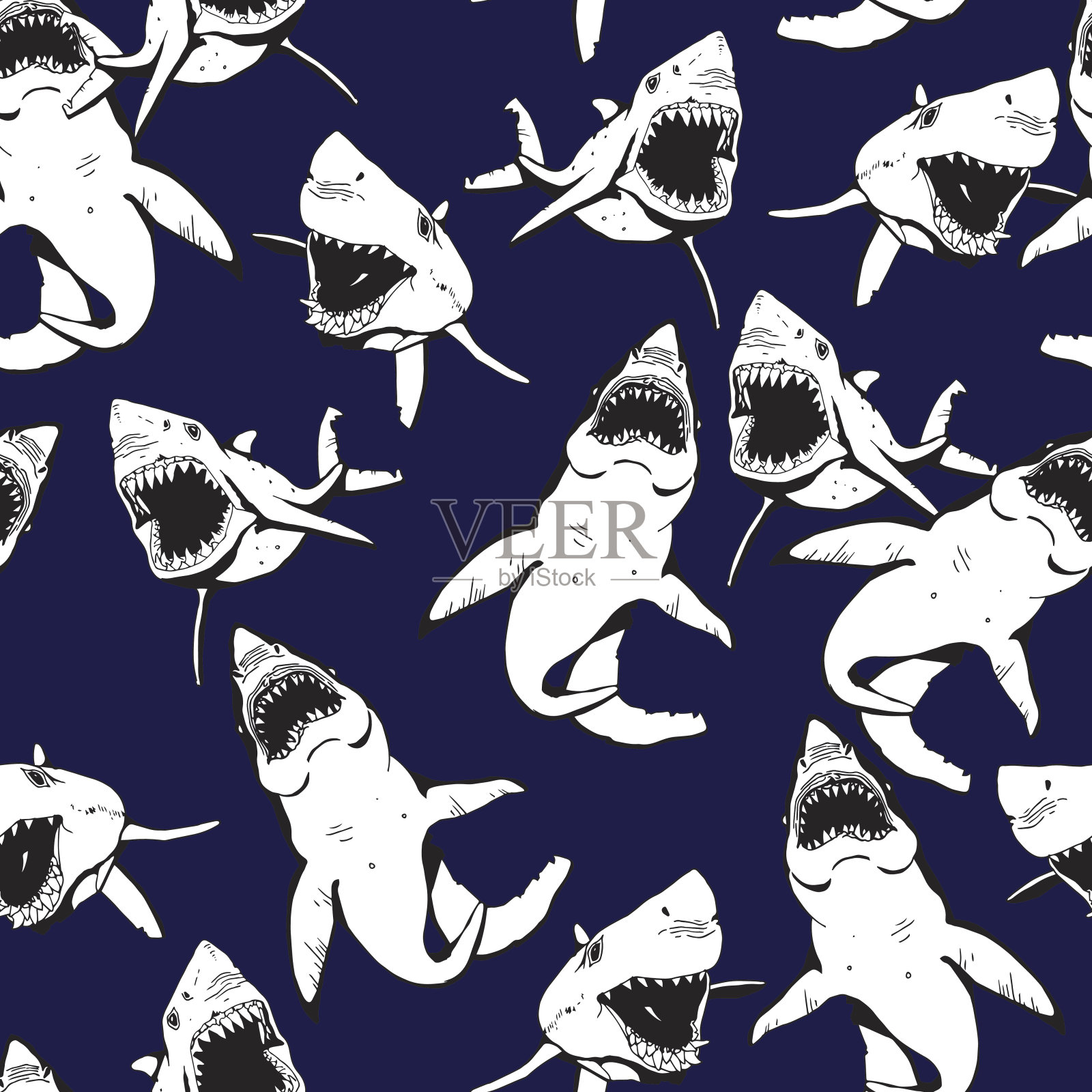 愤怒的鲨鱼拼贴。手绘海洋生活模式。动物和野生动物插图。插画图片素材