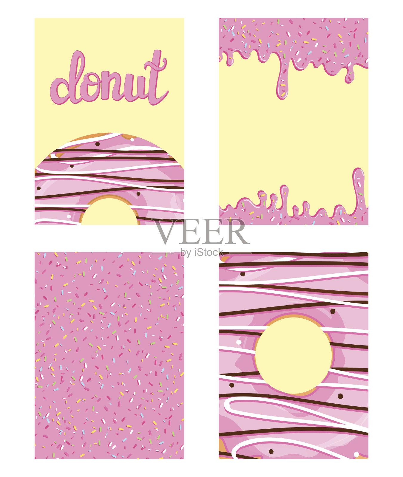 一套明亮的食物卡。一套粉红釉的甜甜圈。甜甜圈图案，背景，卡片，海报。矢量插图模板为任何设计插画图片素材