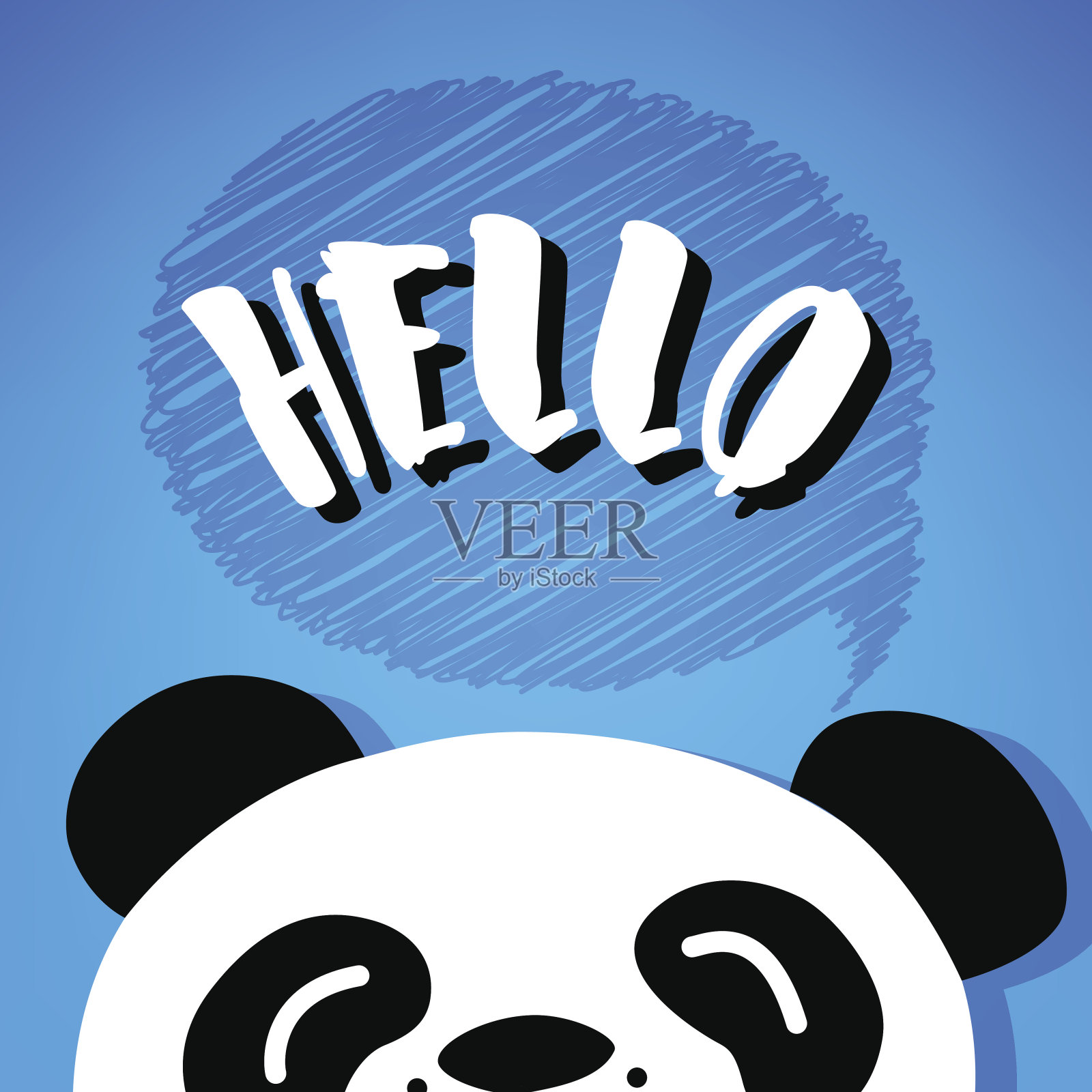 熊猫说你好。蓝色背景的卡通熊。向量的卡片插画图片素材