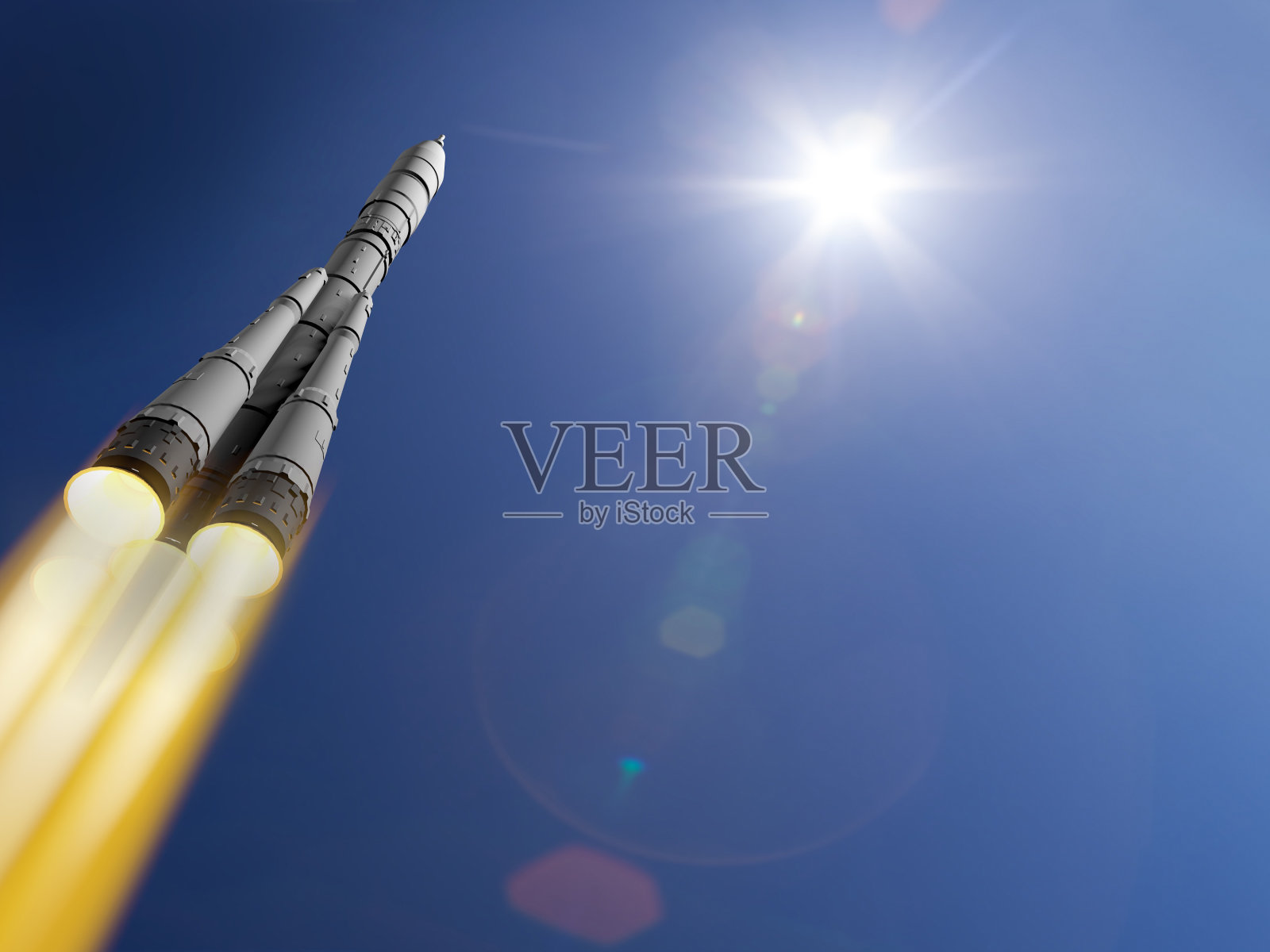 3D渲染火箭飞向太空照片摄影图片