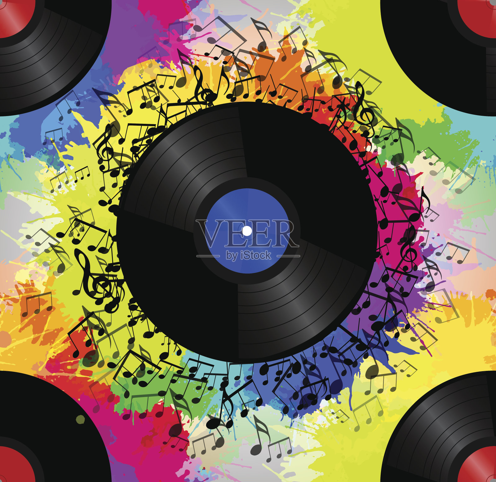 无缝纹理与黑胶唱片，音乐音符和彩虹水彩飞溅。矢量音乐模式为您的创造力插画图片素材