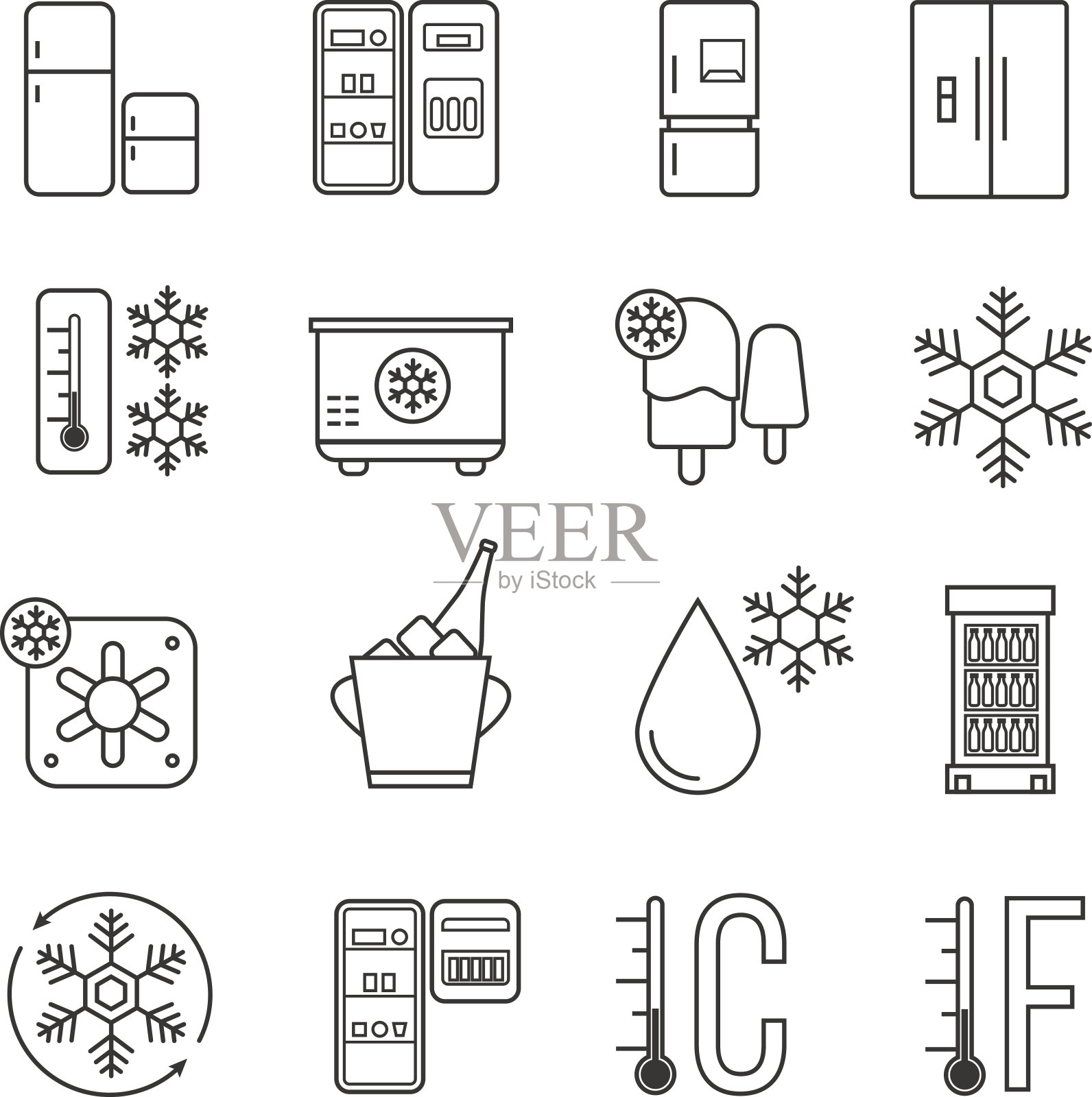 冰箱，家用冰柜和工业冰箱线性图标。食品冷冻和冷冻机细线标志图标素材