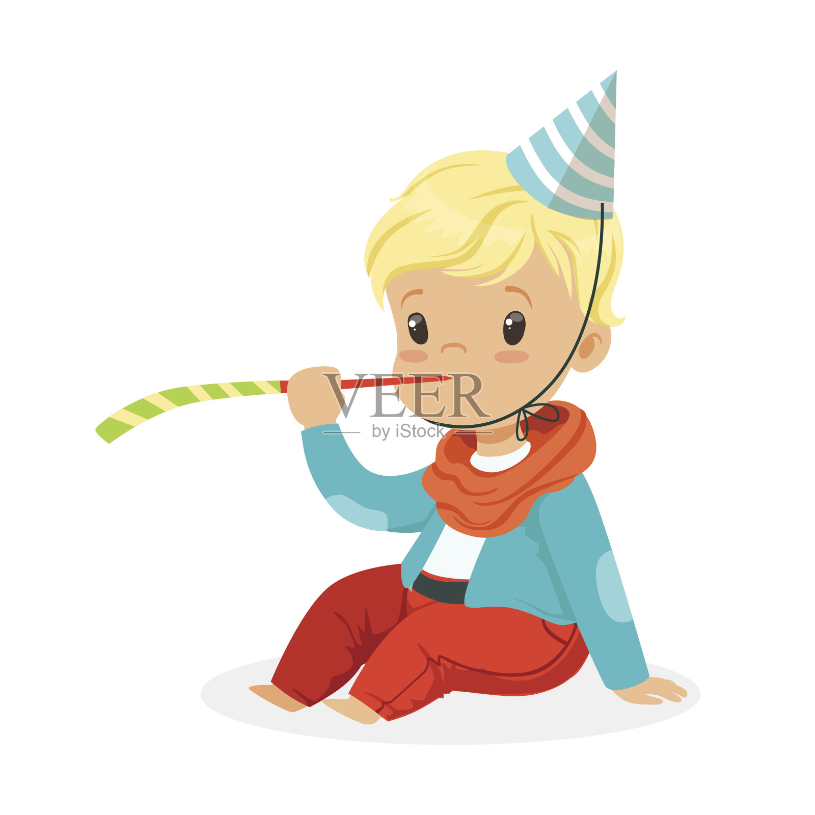 可爱的小男孩戴着派对帽坐在派对吹风机旁。儿童生日派对彩色卡通人物矢量插图插画图片素材