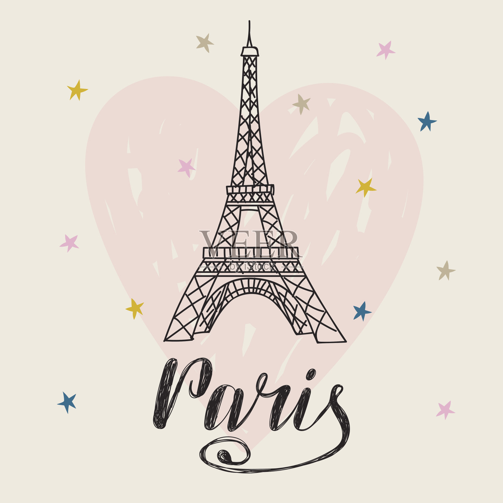 巴黎。手绘插画与埃菲尔铁塔。心形的浪漫卡片插画图片素材