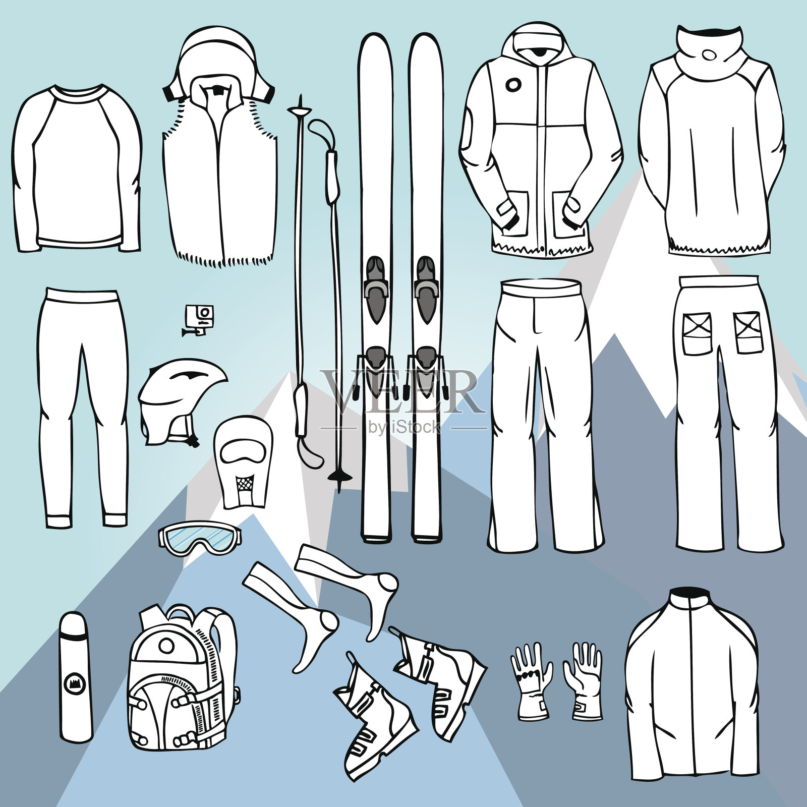 滑雪设备在矢量，滑雪工具包信息图集，滑雪矢量doo插画图片素材