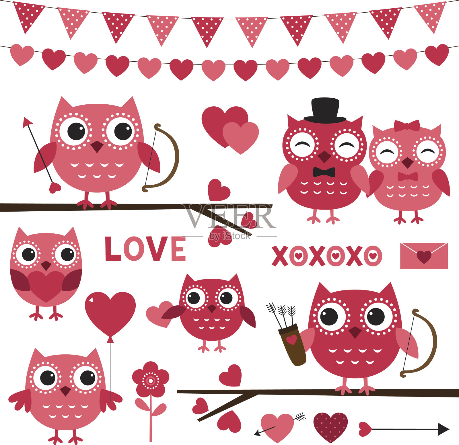 粉色矢量情人猫头鹰和浪漫的装饰集插画图片素材