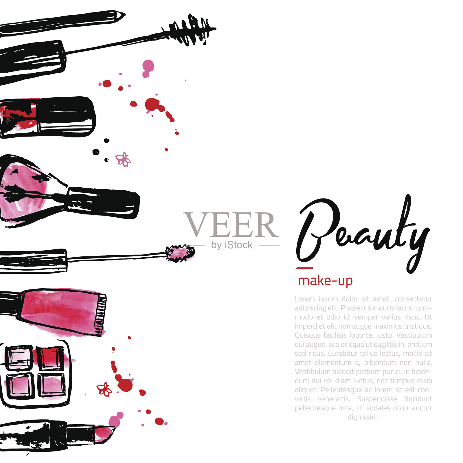 时尚化妆品背景与化妆对象口红，粉，刷子。为你的文本。魅力女人的风格插画图片素材