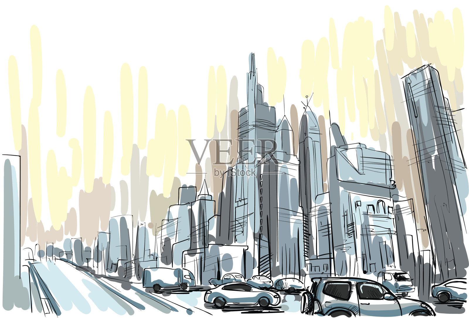 城市摩天大楼素描视图城市天际线插画图片素材