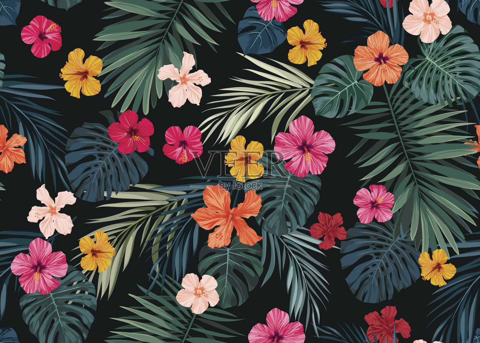 无缝手绘热带矢量图案与明亮的芙蓉花和异国情调的棕榈叶在黑暗的背景插画图片素材