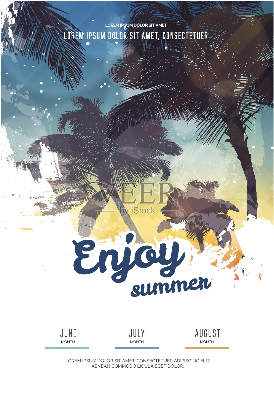 夏季派对海报或传单设计模板与棕榈树的剪影。现代风格设计模板素材