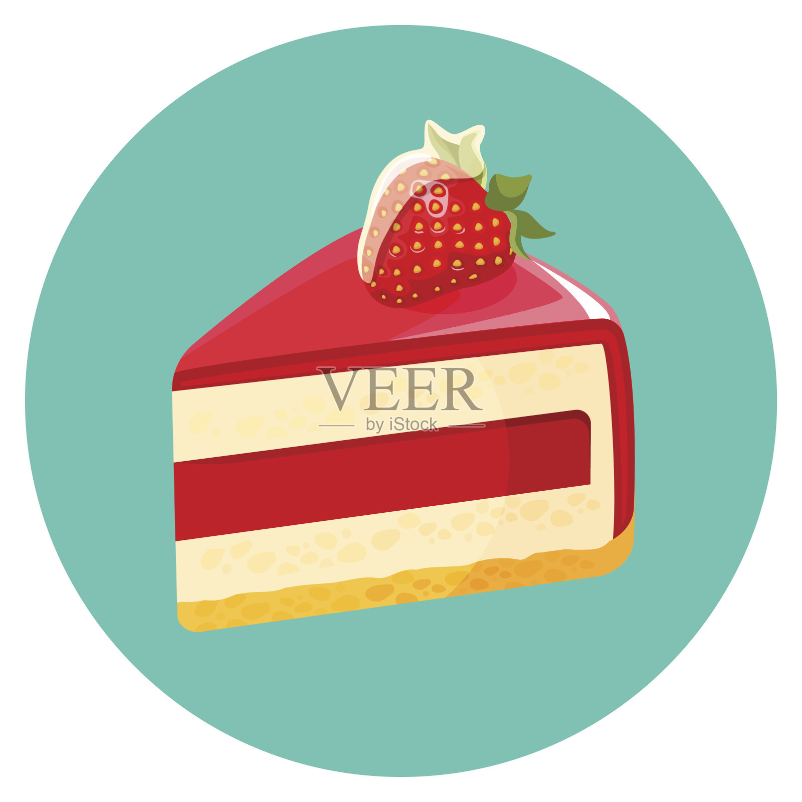 一块生日芝士蛋糕，果冻装饰草莓矢量插画图片素材
