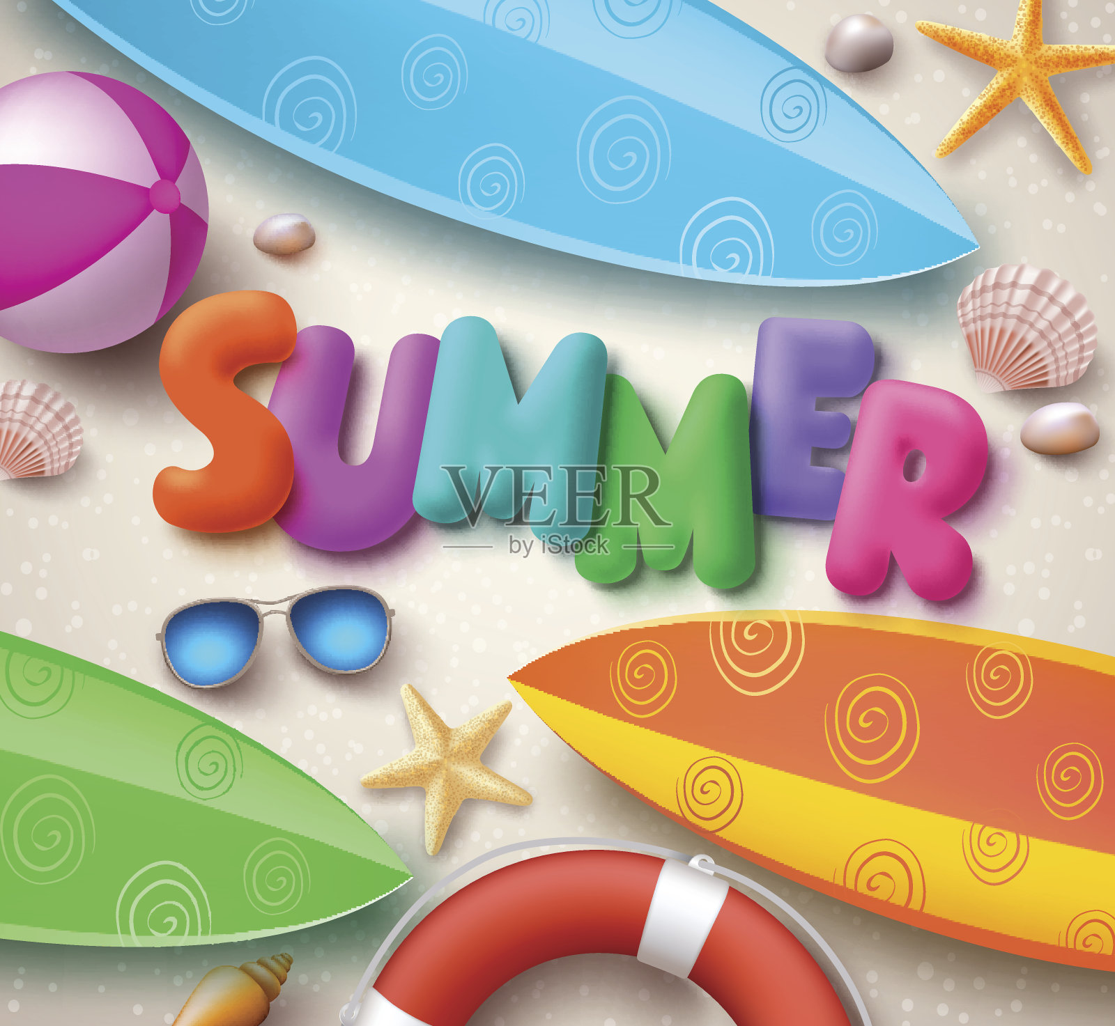 暑假矢量背景在海滩与多彩的夏季文字插画图片素材