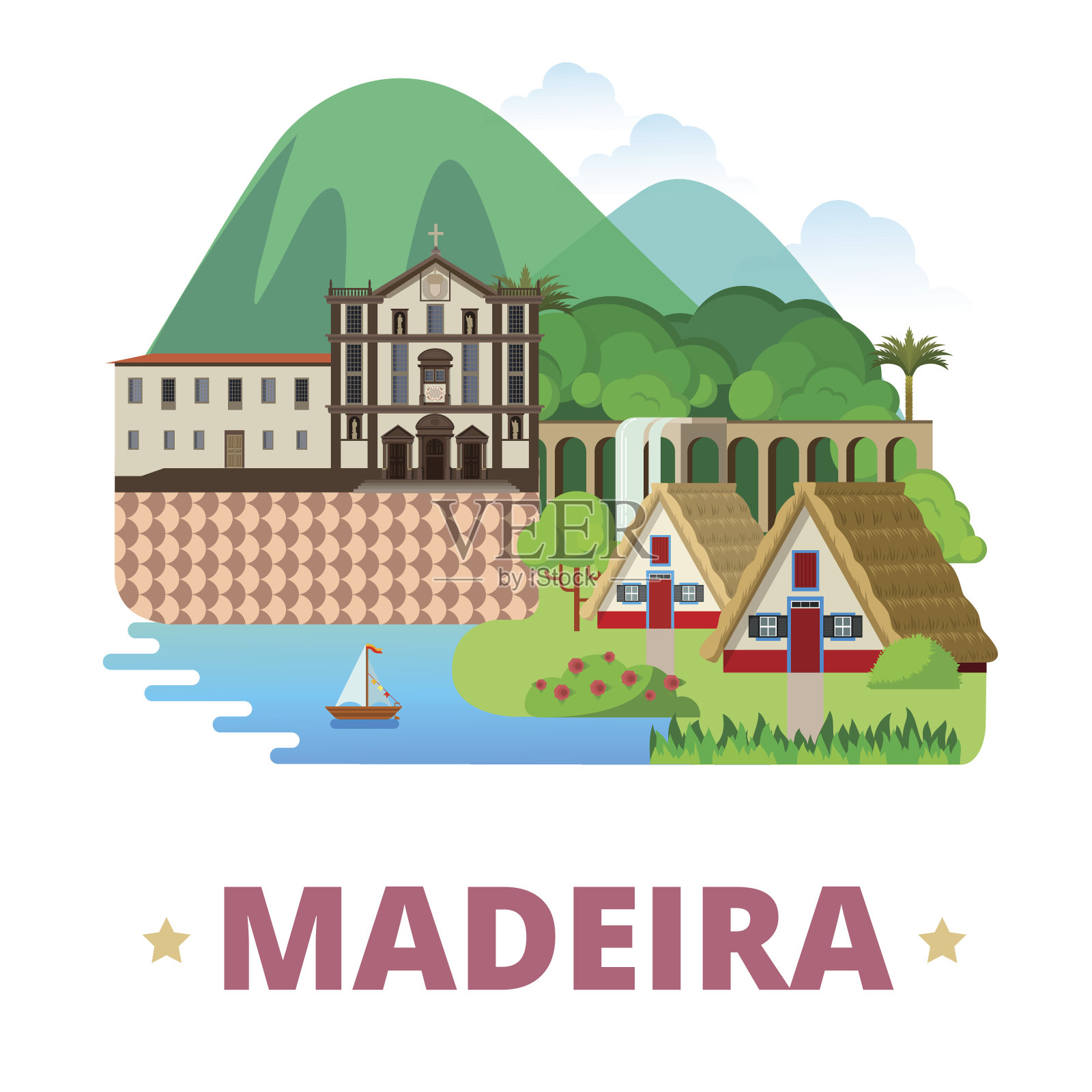 葡萄牙马德拉岛设计模板。平面卡通风格的历史景观矢量插图。世界国家旅行非洲收藏。蒙特宫热带花园桑塔纳马德拉耶稣会学院。插画图片素材