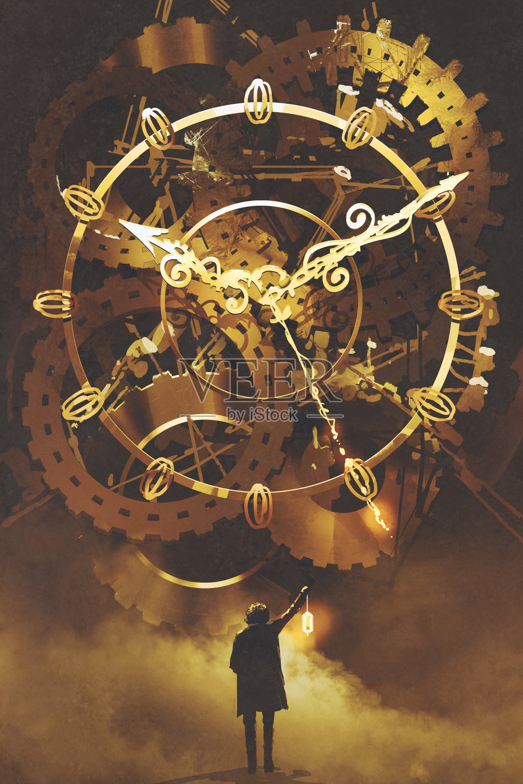 一个提着灯笼的人站在巨大的金色钟表前插画图片素材