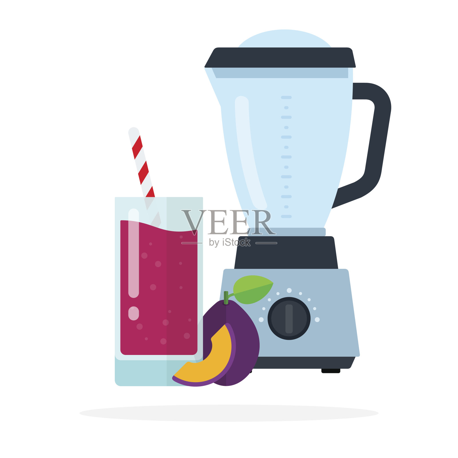一杯梅子汁，一个完整的梅子，一块梅子和搅拌机矢量平孤立插画图片素材