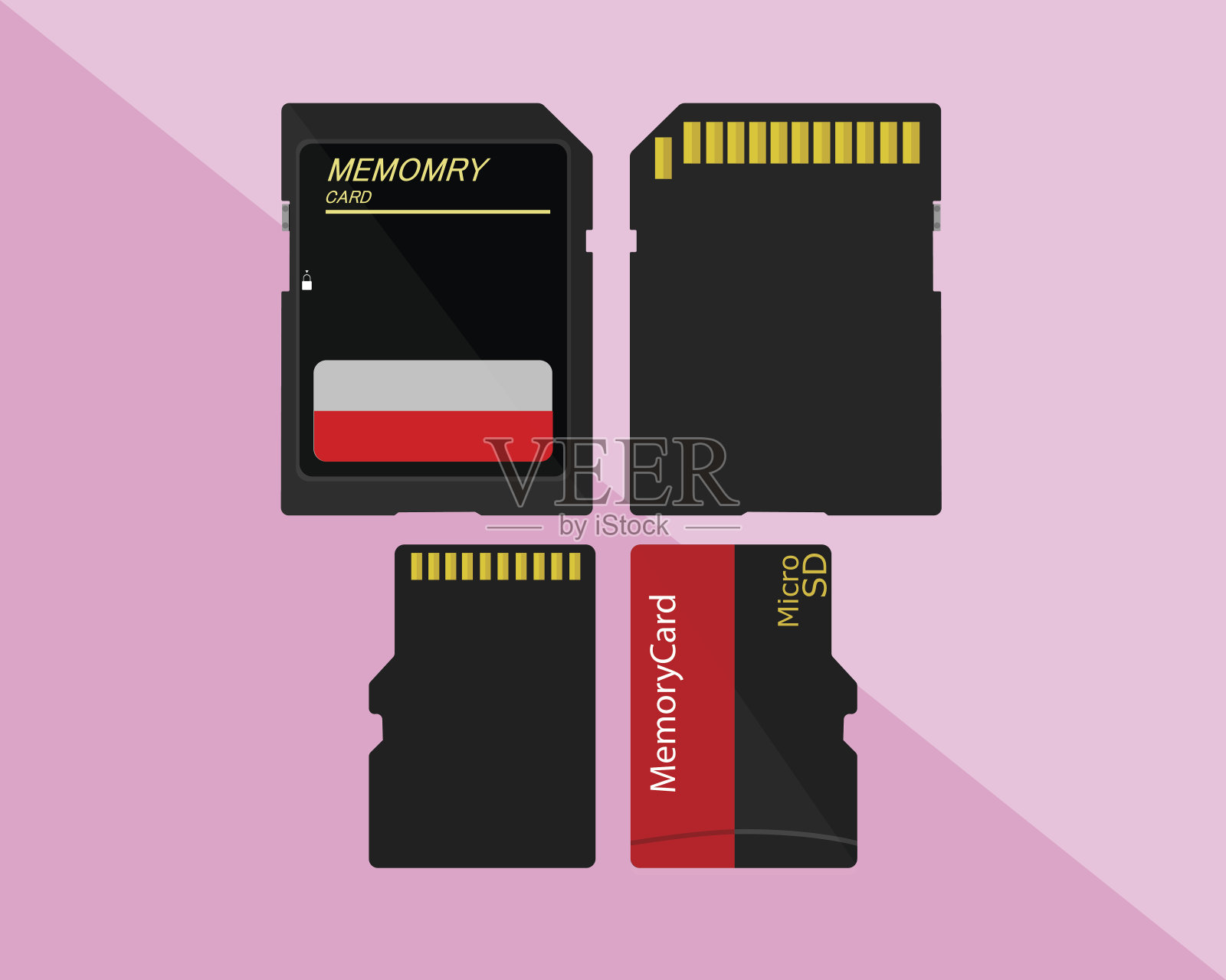 粉红色背景上的存储卡，SD卡和Micro SD卡。插画图片素材