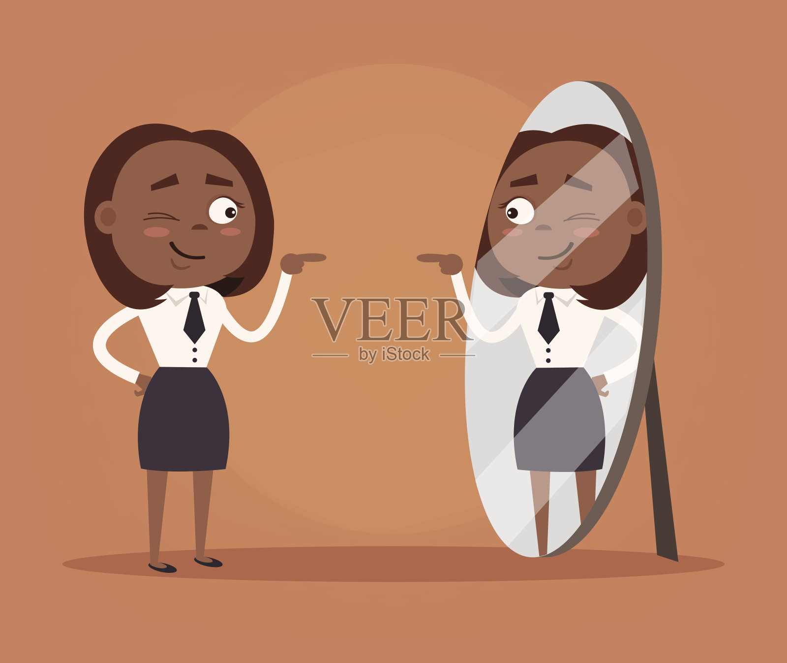 快乐微笑自恋的非洲裔美国女商人办公室职员性格看着镜子插画图片素材