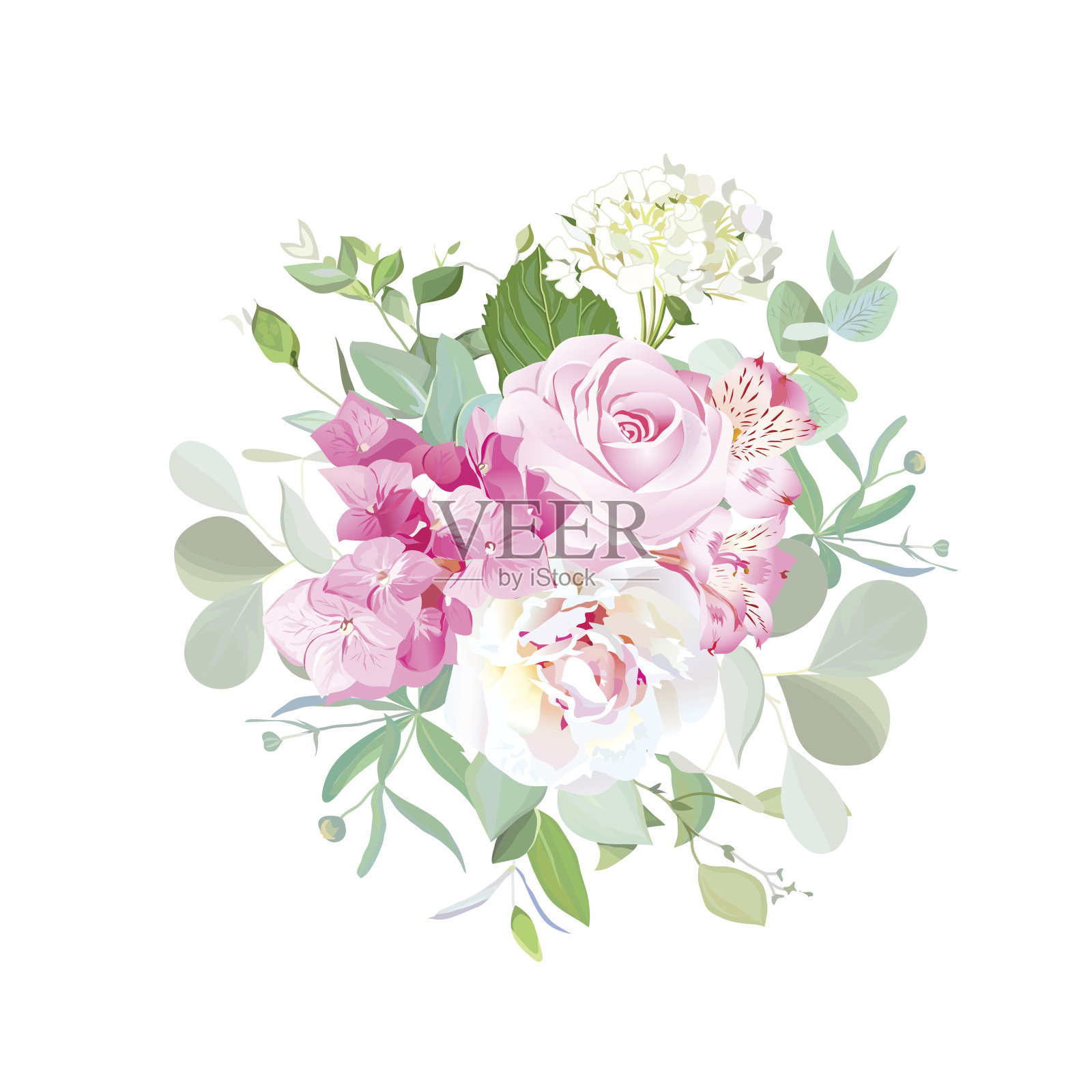 玫瑰、牡丹、绣球花、紫花百合、桉树花束插画图片素材