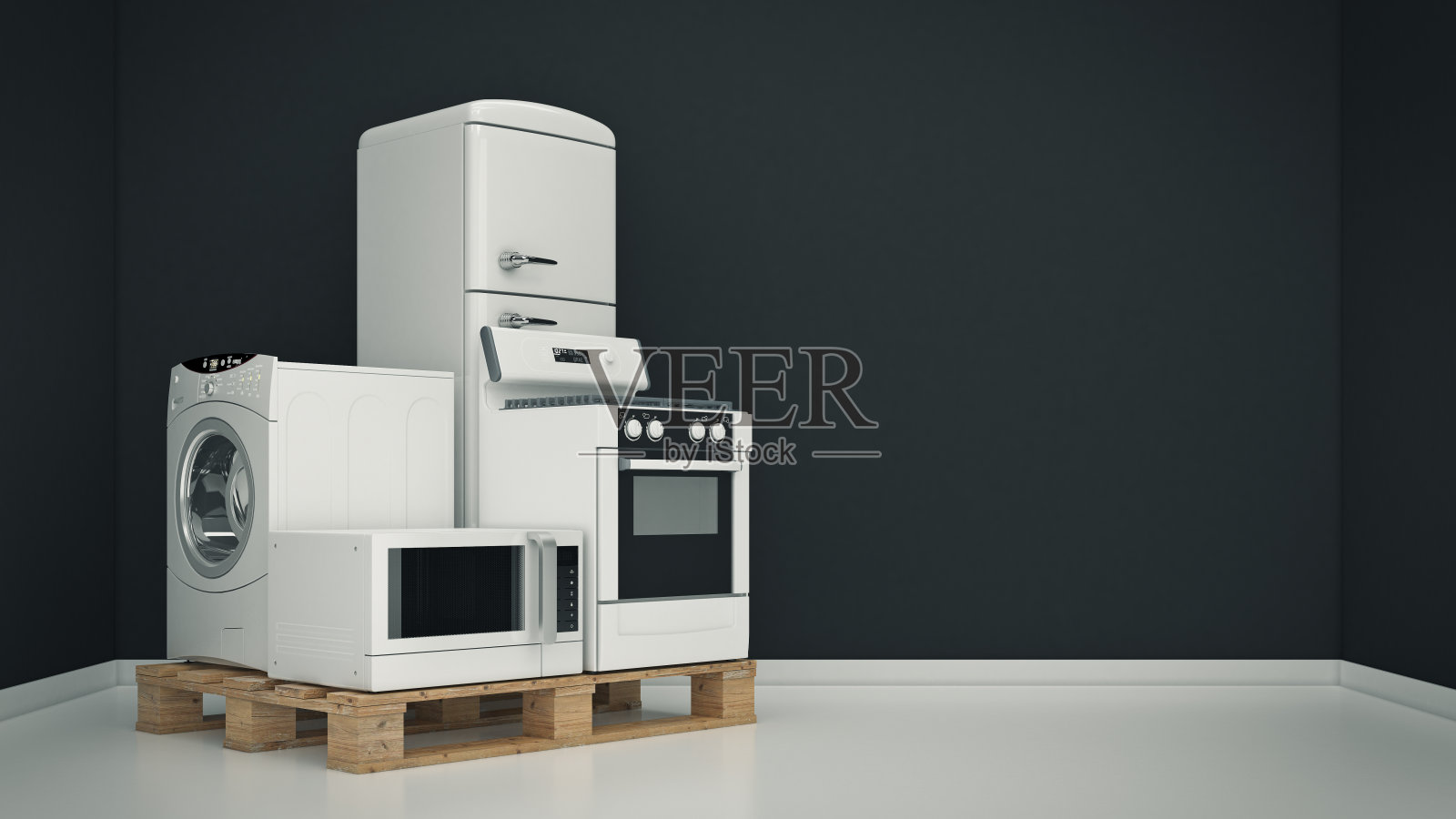 家用电器。一套家庭厨房工艺隔离在白色。冰箱、煤气灶、微波炉、洗衣机。照片摄影图片