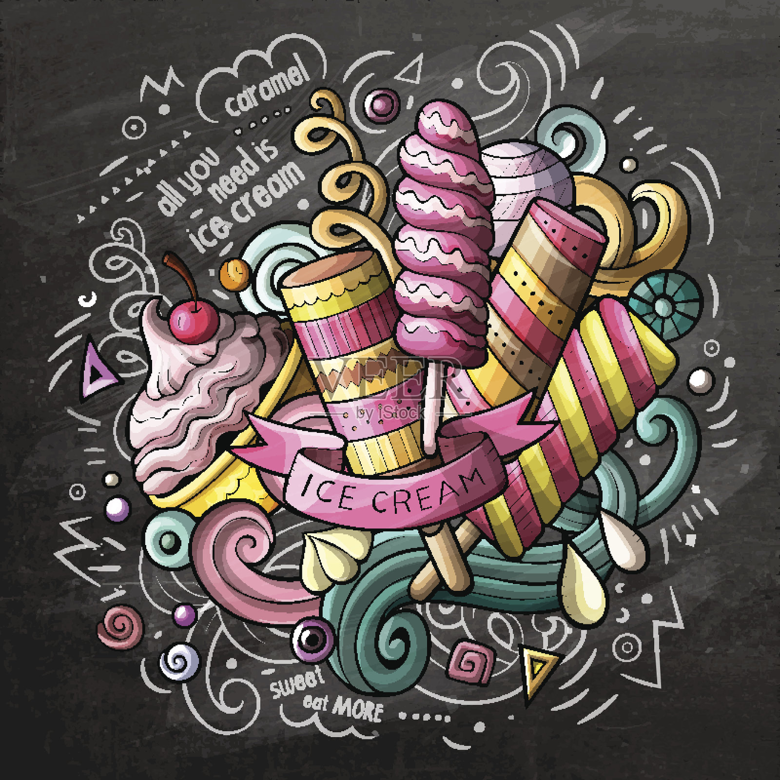 冰淇淋卡通矢量涂鸦水彩插图插画图片素材