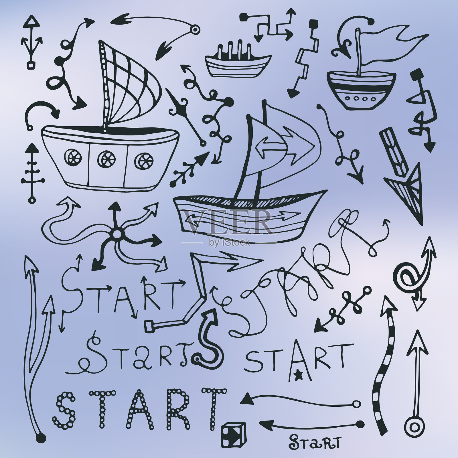 一套箭头多形状，涂鸦船和字母-开始插画图片素材