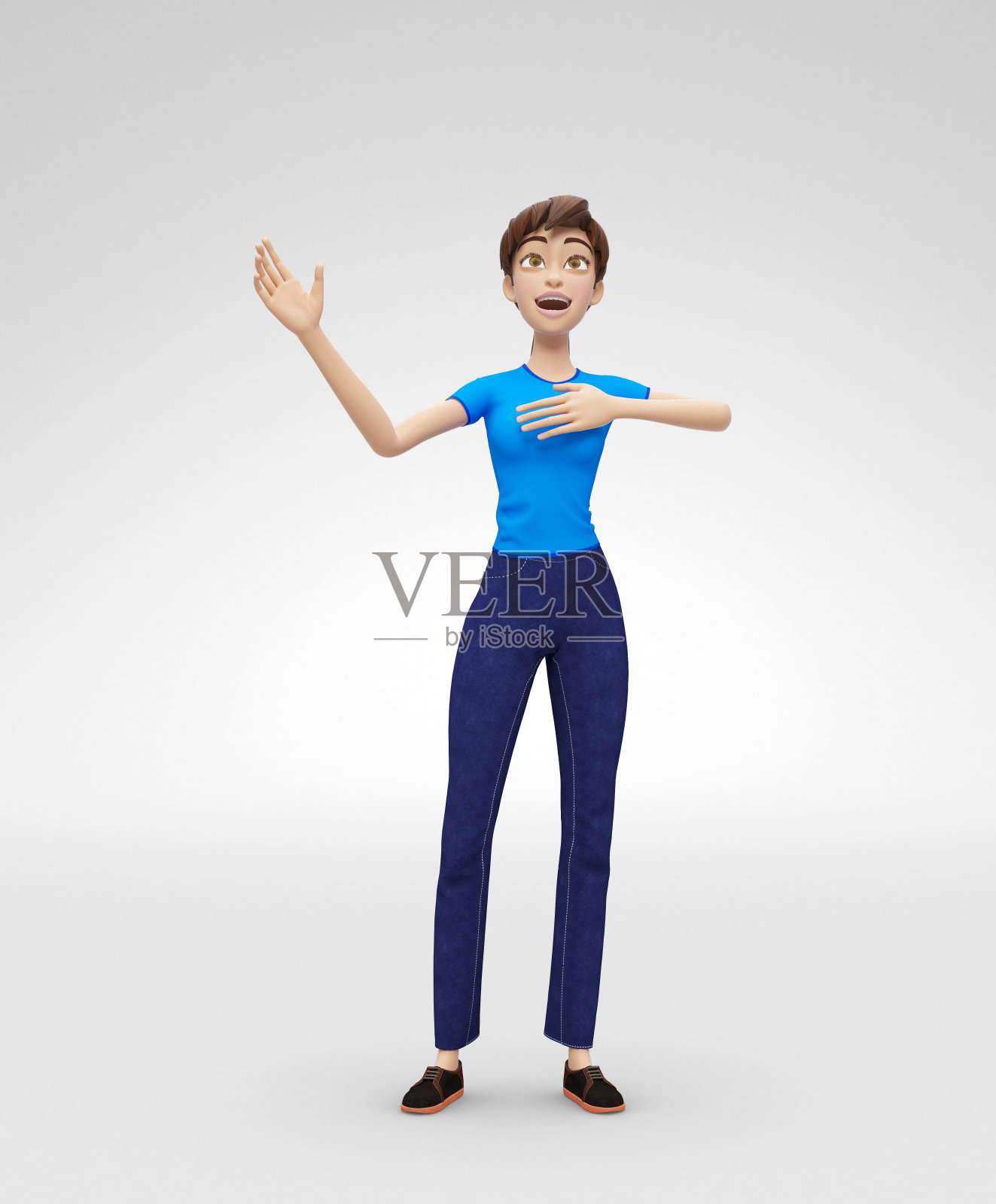 “创意、情感和艺术珍妮- 3D卡通女性角色模型-穿着休闲服装真诚而愉悦地唱歌”插画图片素材