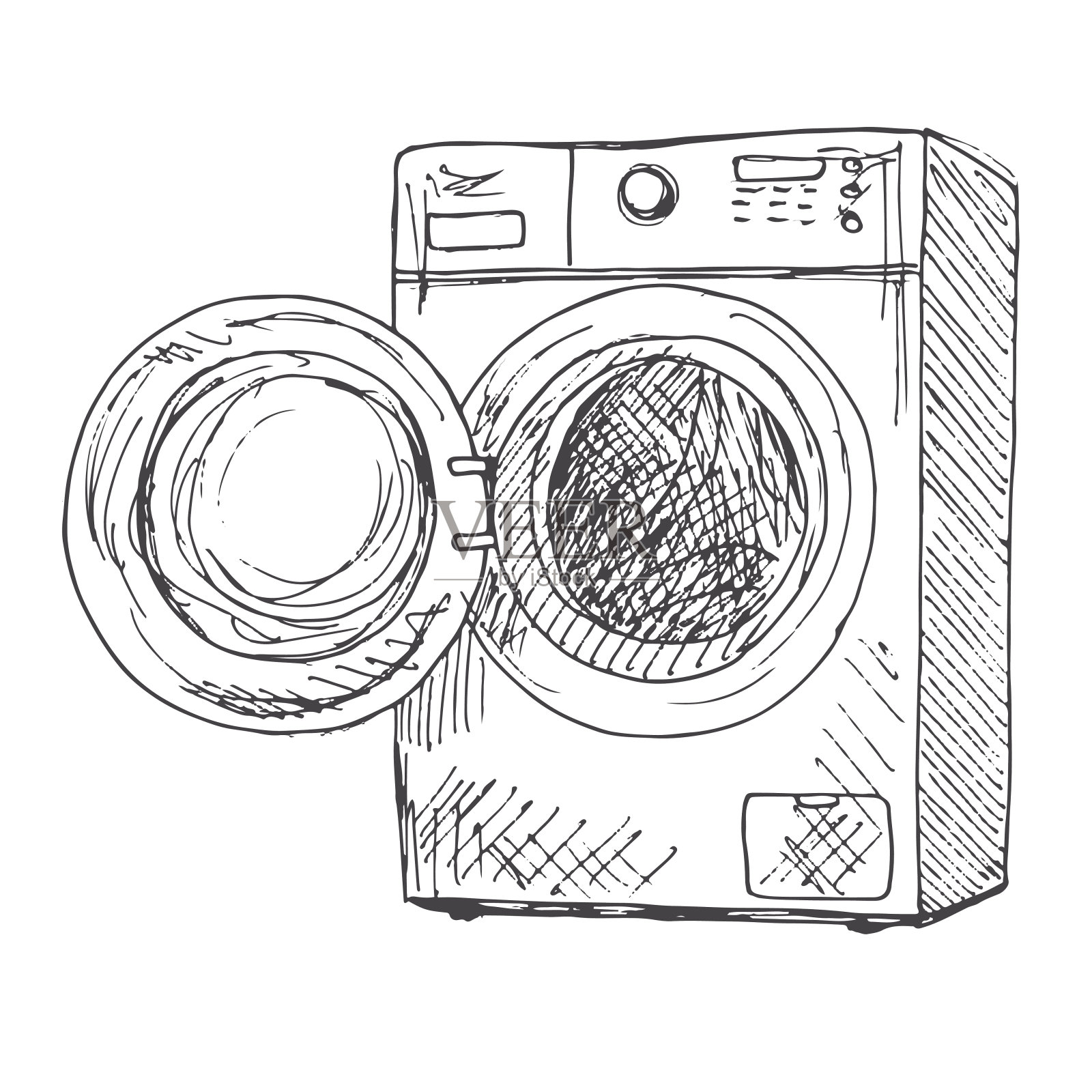 洗衣机孤立在白色背景上。矢量插图的草图风格。插画图片素材