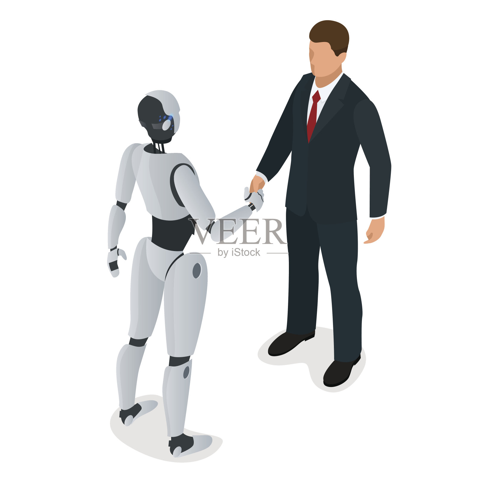 男人和机器人打招呼，确认交易，握手。平面三维等距矢量图。用于信息图表和设计插画图片素材