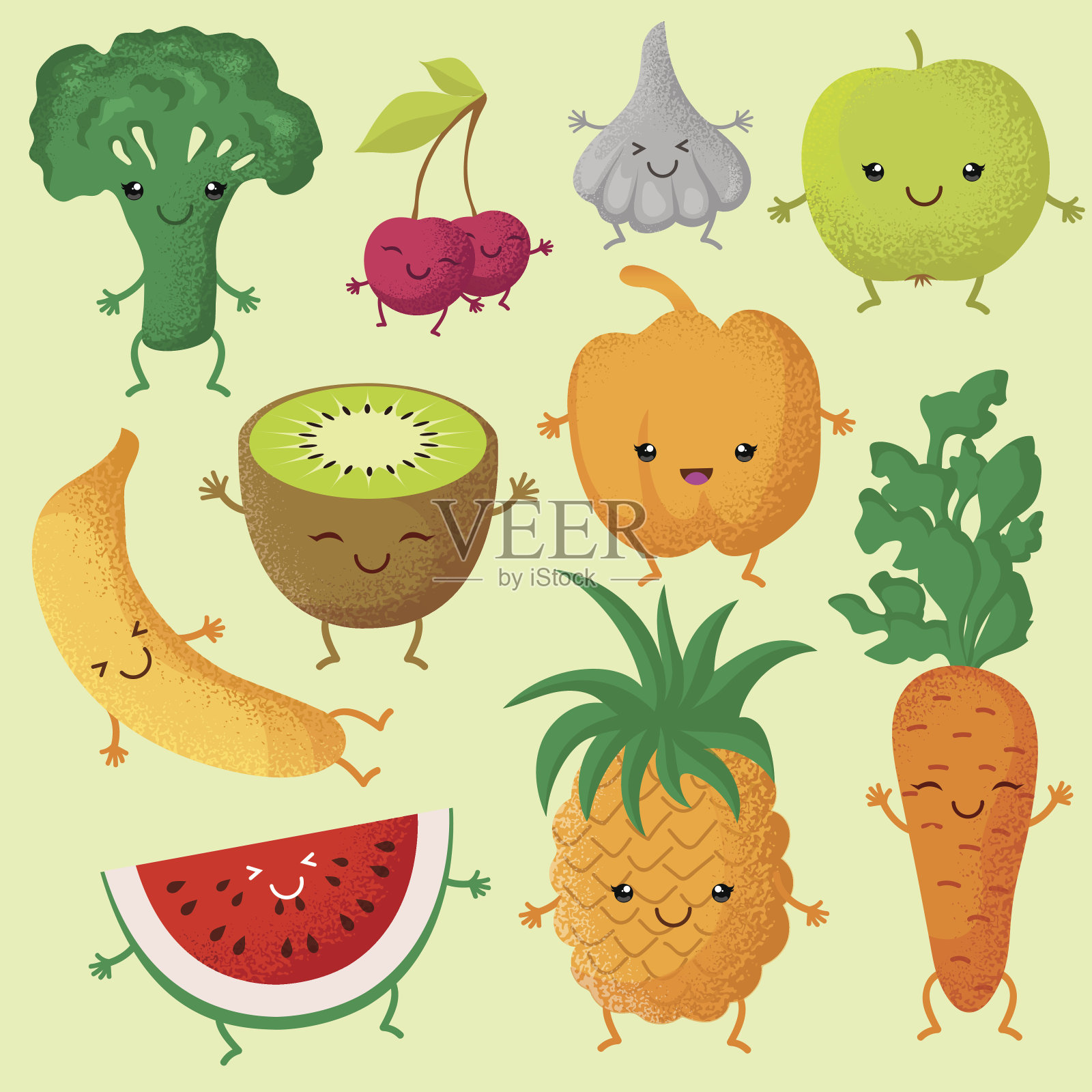 快乐的卡通水果和花园蔬菜与有趣的可爱的面孔向量字符插画图片素材