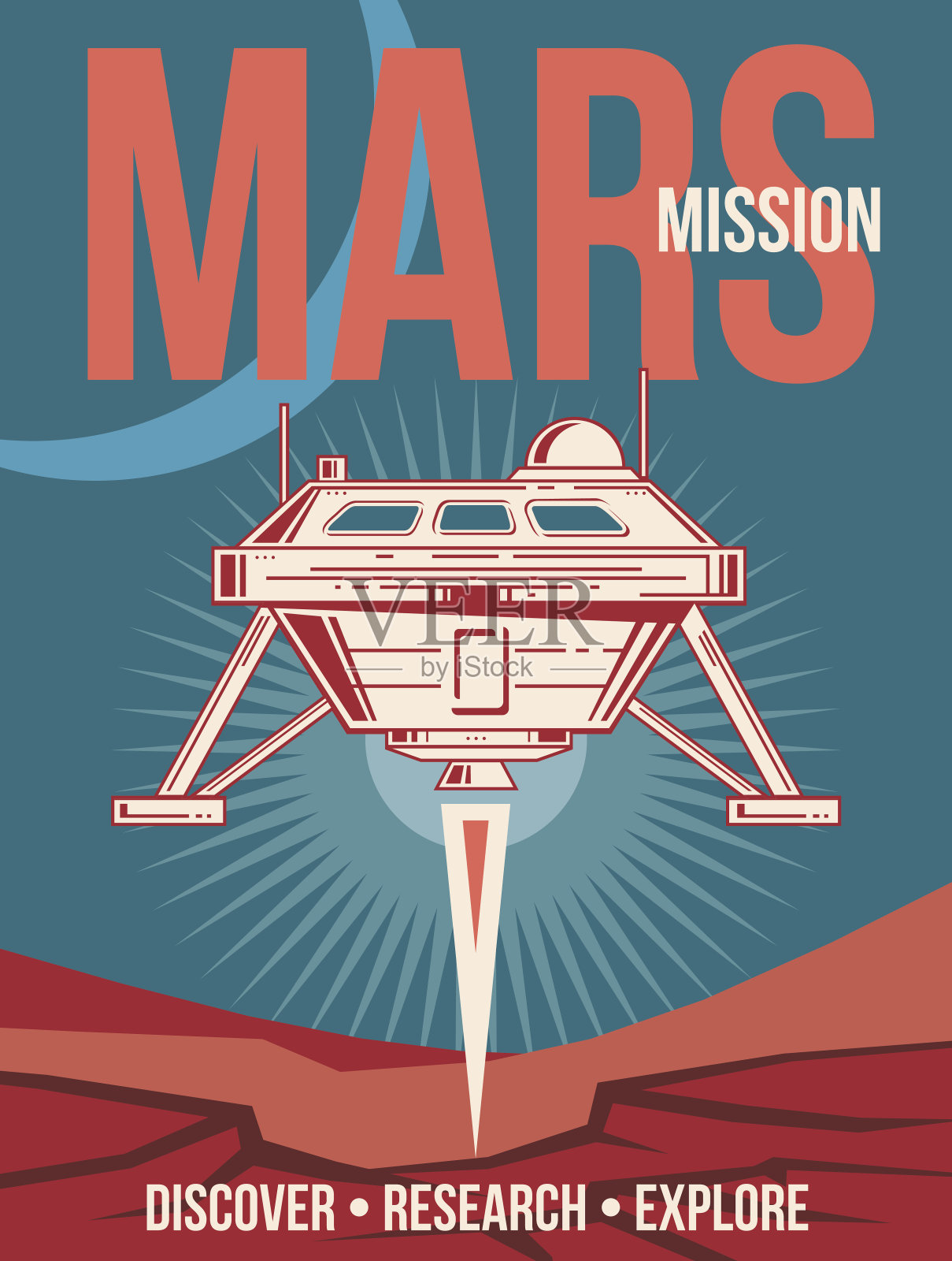 空间研究矢量海报。飞船着陆火星复古背景插画图片素材
