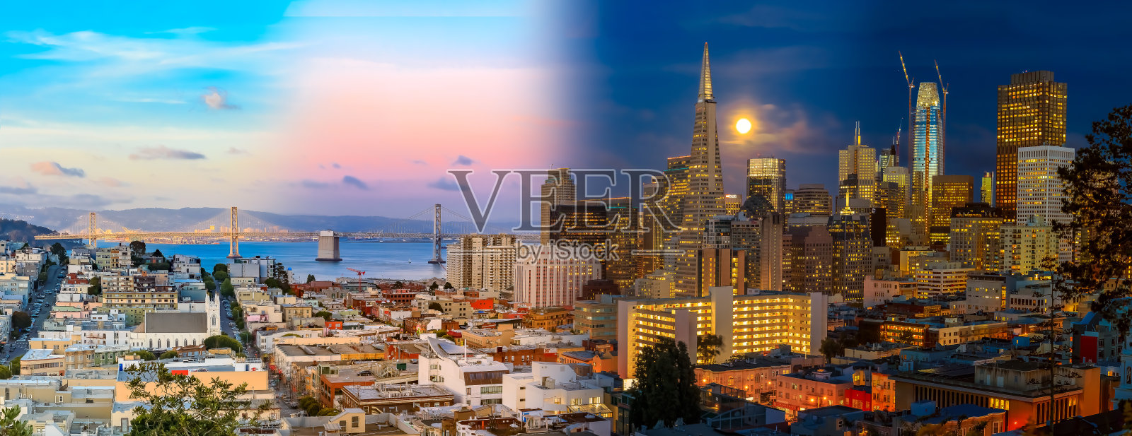 白天到夜晚的时间推移时间片旧金山全景与满月照片摄影图片