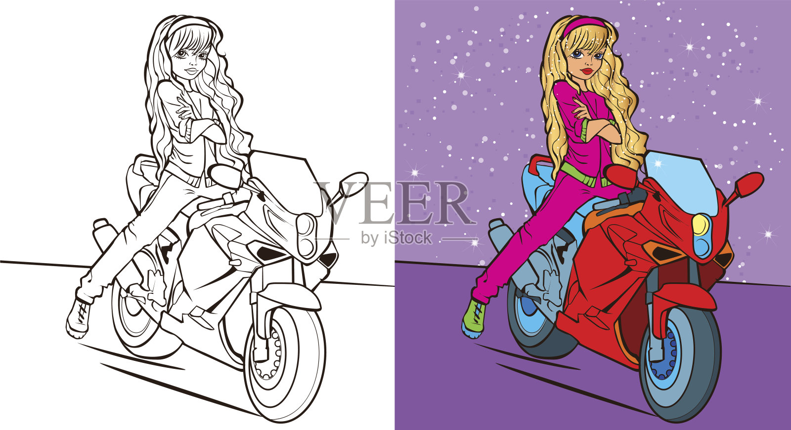 骑自行车的女孩的涂色书插画图片素材