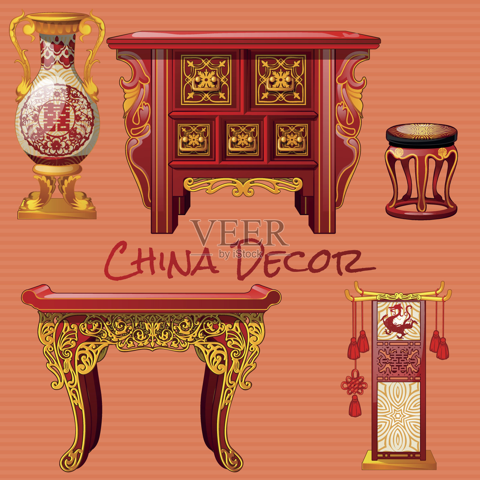 中式复古家具插画图片素材