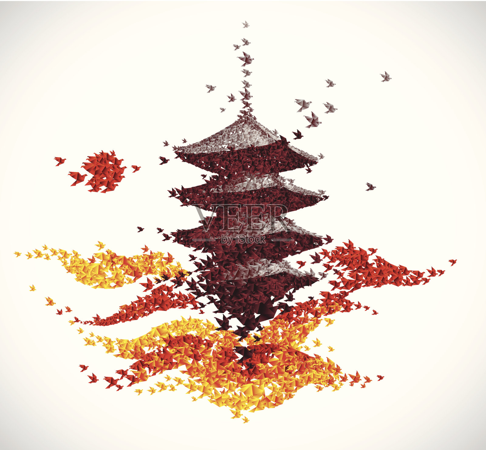 由折纸鸟形成的日本寺庙插画图片素材