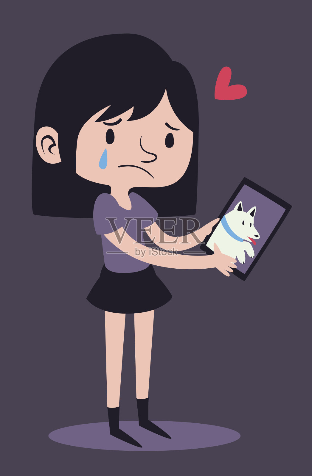 悲伤的女孩抱着狗的肖像插画图片素材