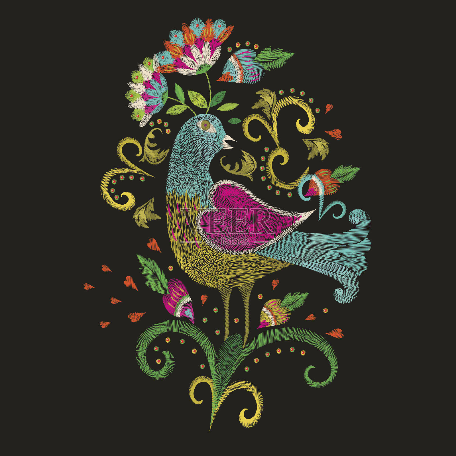 刺绣鲜艳的民族图案在传统的民间鸟与花。插画图片素材