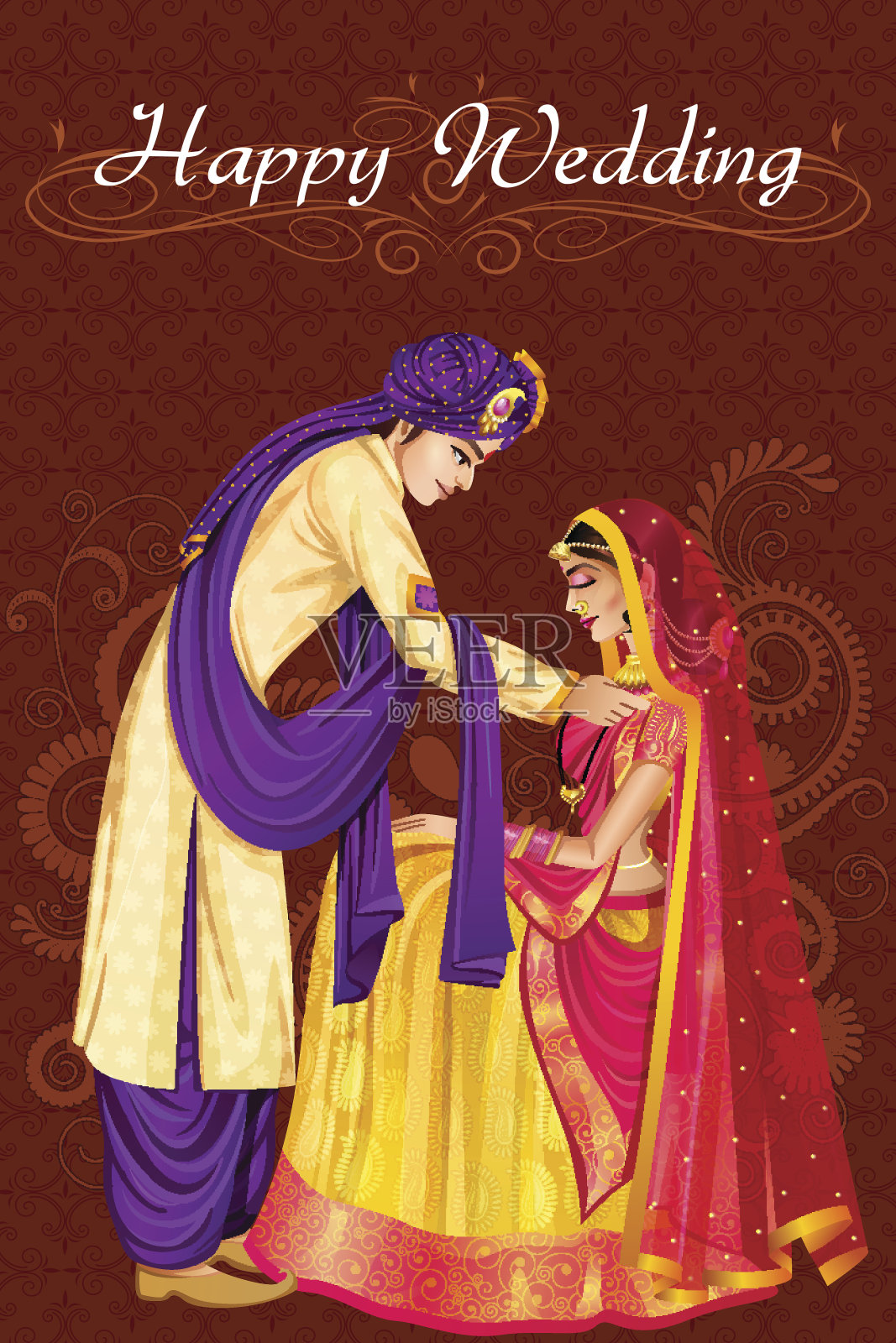 印度男子在婚礼上将曼加拉经与女子绑在一起插画图片素材