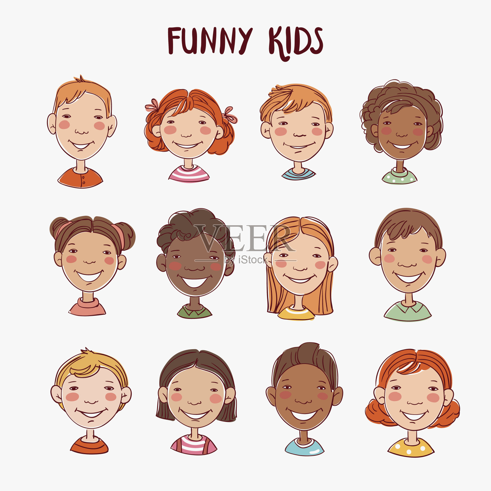 有趣的孩子。多民族群体的快乐儿童。不同的卡通面孔图标插画图片素材