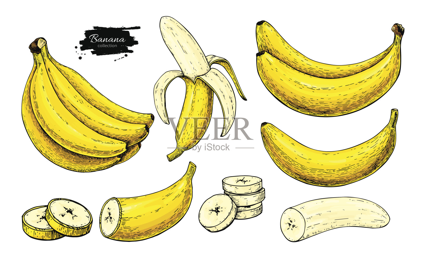 香蕉集合向量绘图。孤立手抽串，剥香蕉切片插画图片素材
