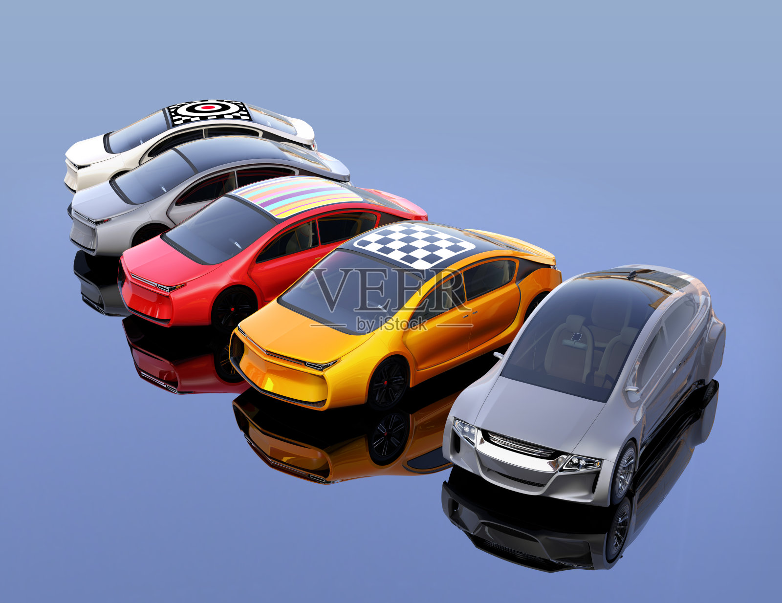 五颜六色的电动汽车，车顶上有图形图案插画图片素材