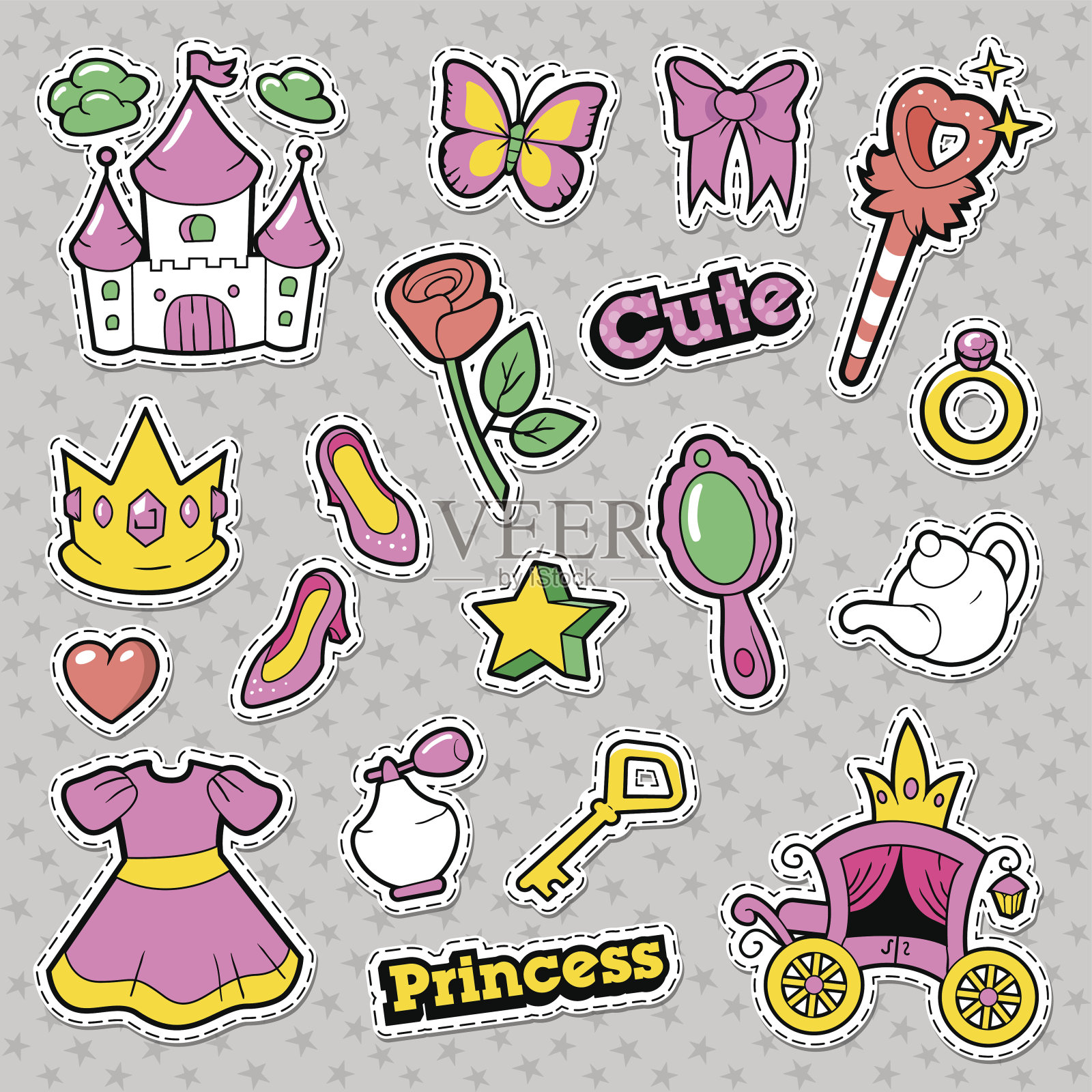 女孩公主徽章，补丁，皇冠贴纸设计元素图片