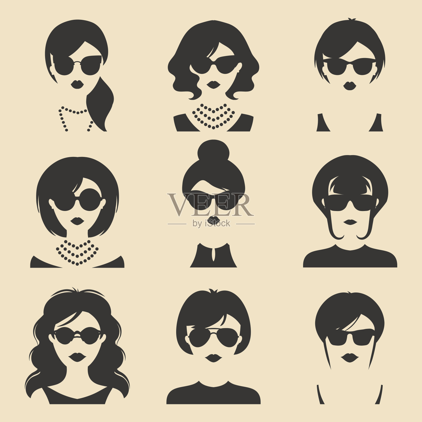 大的矢量组不同的女性应用程序图标太阳镜在平的风格。女性面部或头部图像。插画图片素材