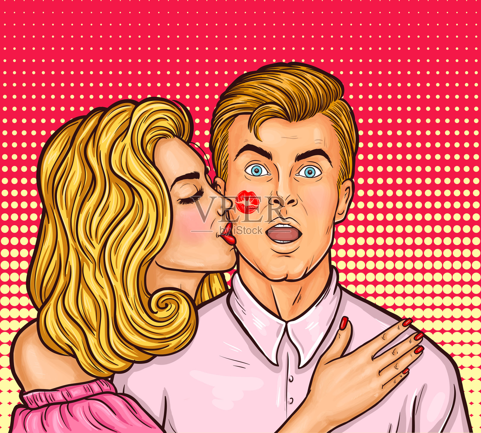波普艺术性感的女人用红色的口红吻了一个男人插画图片素材