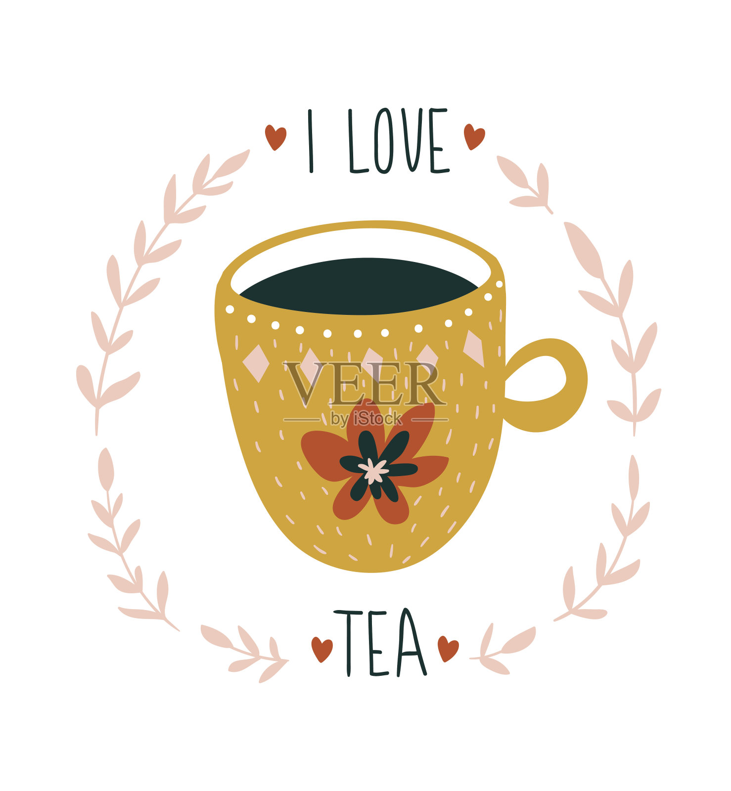 手绘的卡片上有一杯茶和时髦的字母——“我爱茶”。斯堪的纳维亚风格矢量插图。插画图片素材